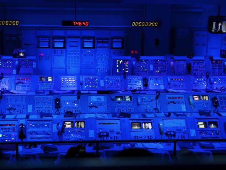 The actual, original launch control consoles are preserved from the Apollo period.