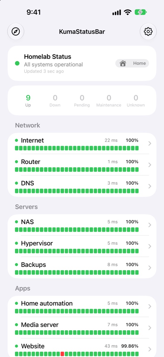 KumaStatusBar on iPhone, listing homelab monitors by group with latency, uptime and heartbeat bars