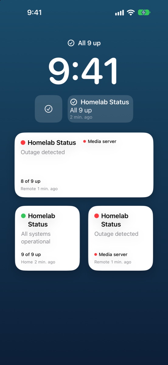 KumaStatusBar widgets on an iPhone Lock Screen and Home Screen, one showing a Media server outage